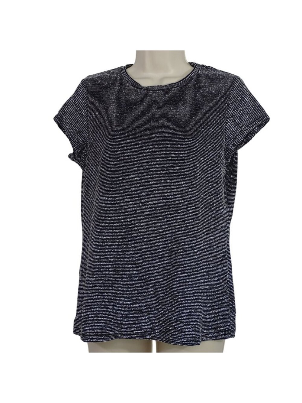 H&M Black Silver Metallic Striped Short Sleeve Shirt Top Women Size L Party